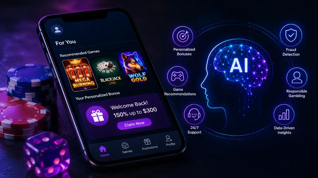 AI-powered online casino personalization showing game recommendations, tailored bonuses, fraud detection, responsible gambling tools and player support.