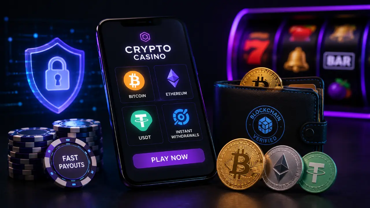 Crypto casino platform featuring Bitcoin, Ethereum and USDT payments, fast payouts, blockchain security and online slot gaming.