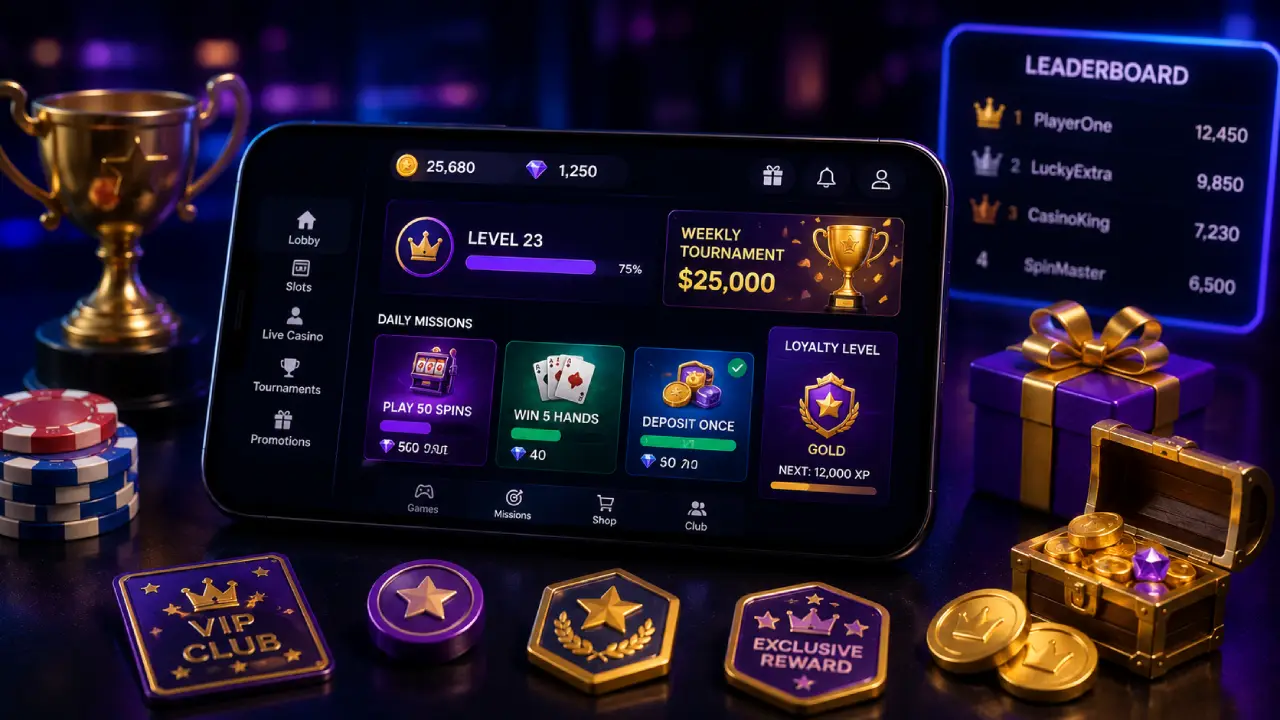 Gamified online casino interface featuring missions, loyalty levels, tournaments, leaderboards, rewards and player achievements.