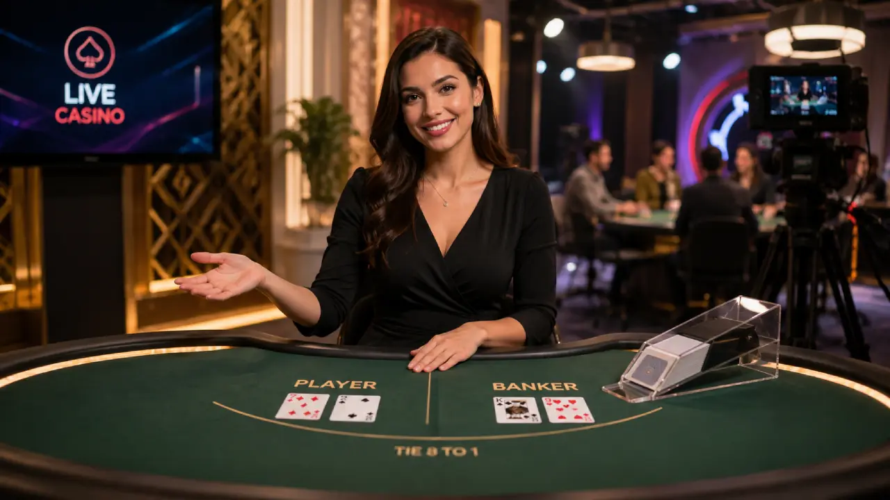 Live casino dealer hosting a real-time table game in a modern studio with professional cameras and interactive online gaming technology.