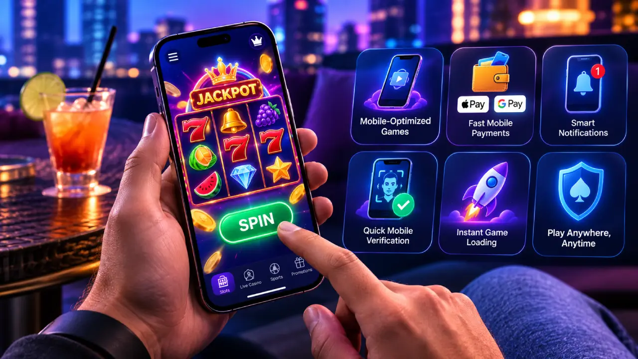 Mobile casino gaming on a smartphone featuring optimized slots, fast payments, quick verification, smart notifications and instant game loading.