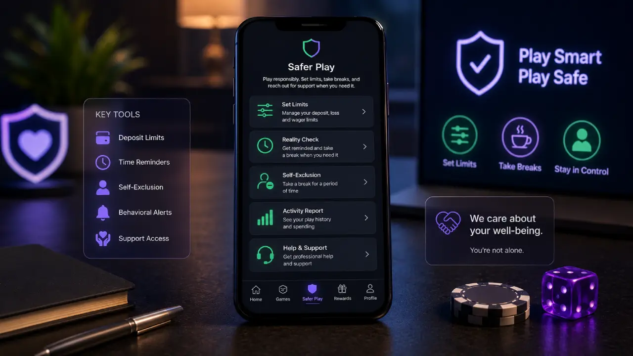 Responsible gambling tools on a mobile casino app featuring deposit limits, reality checks, self-exclusion, activity reports and player support.