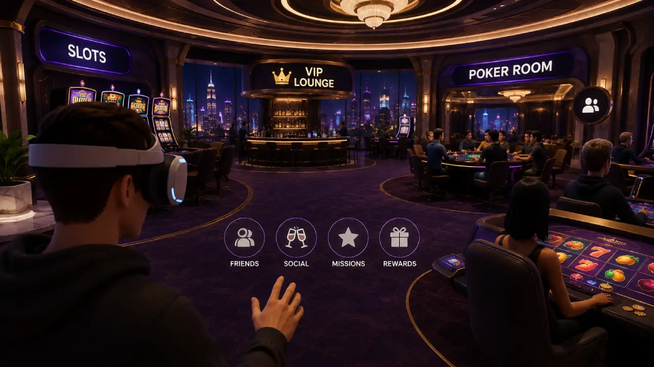 Virtual reality casino experience featuring a VR headset, immersive slot machines, poker rooms, social gaming and a digital VIP lounge.